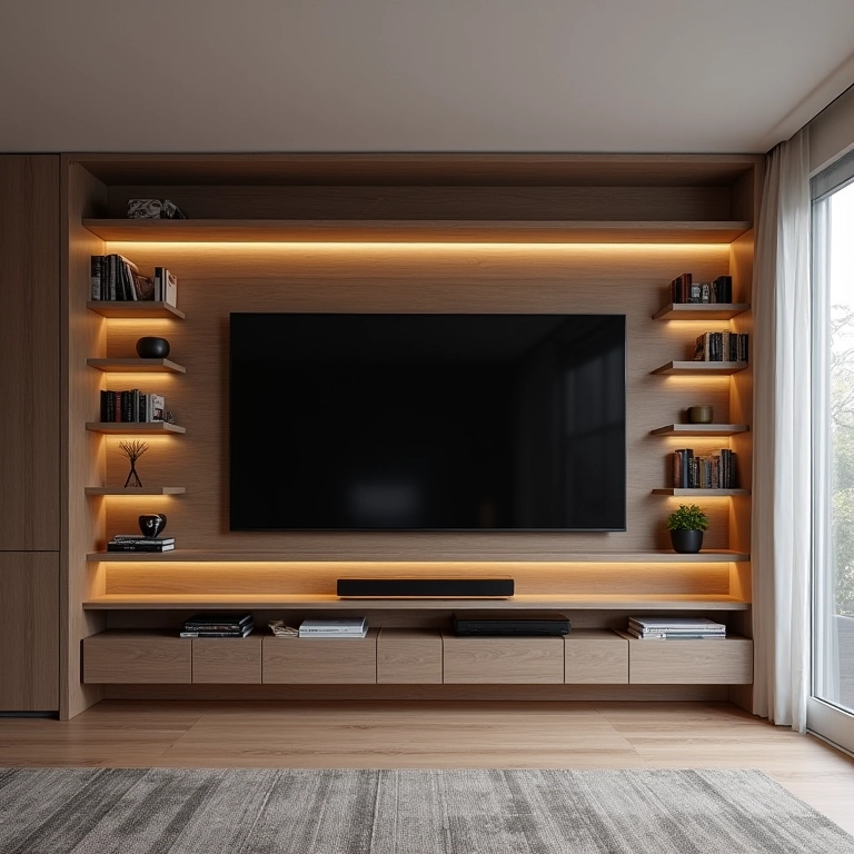 Prateleiras integradas à parede da TV, criando design funcional. Sala moderna com decoração brasileira.