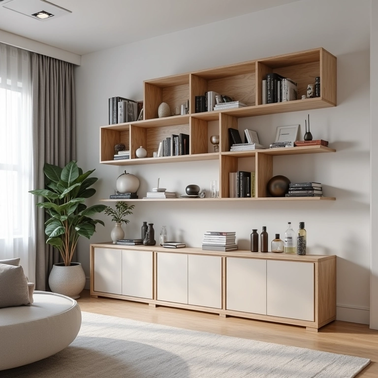 Prateleiras modulares versáteis em sala de estar contemporânea. Design customizável.