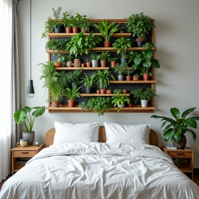 Prateleiras suportando jardim vertical em quarto.