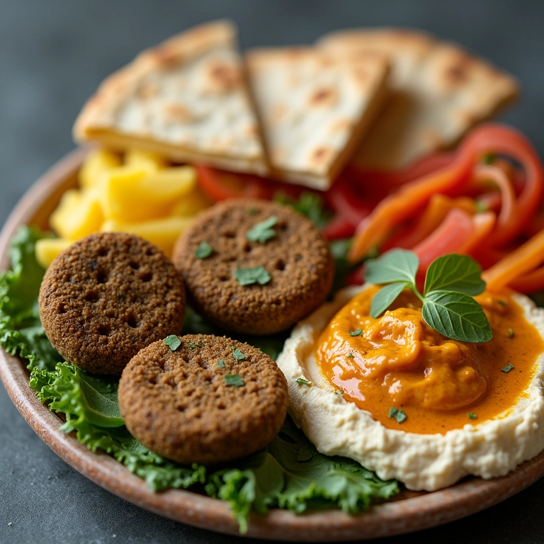 Prato colorido com opções vegetarianas: falafel, hummus, baba ganoush e pão pita.