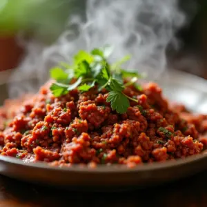 Prato de carne moída temperada com ervas frescas.