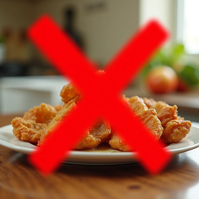 Prato de comida gordurosa com um 'X' vermelho, simbolizando alimentos a serem evitados.