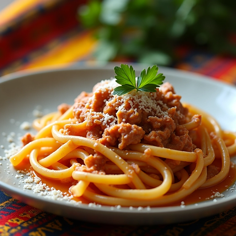 Prato de macarrão com atum decorado com salsa fresca e queijo parmesão.