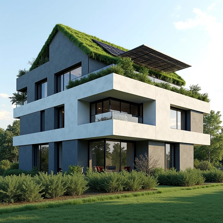 Prédio com painéis solares e teto verde, retrofit sustentável.