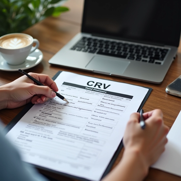 Preenchimento do formulário do CRV em uma mesa com notebook e café.