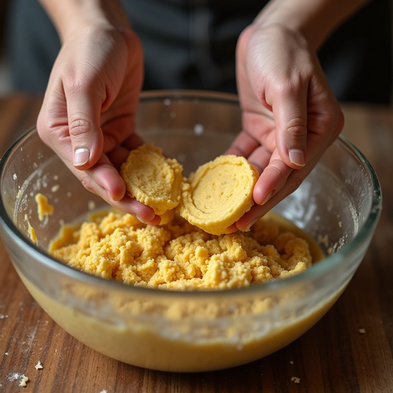 Preparando a massa do pão de mel: mãos misturando os ingredientes.