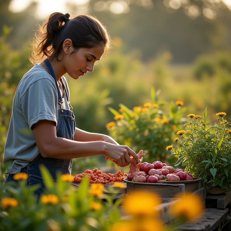 Preparando ervas e flores do jardim para sabonetes artesanais.