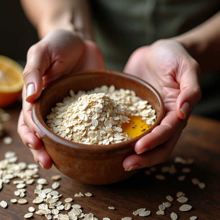 Preparando esfoliante de aveia e óleo de rícino para fortalecer os fios.