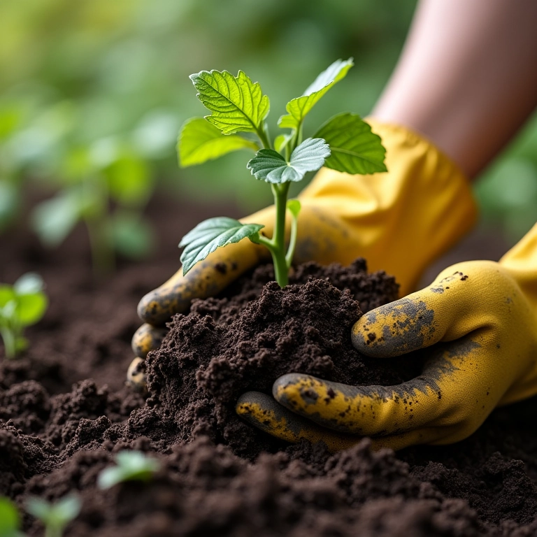 Preparando o solo com composto orgânico para o plantio da trepadeira sete léguas.