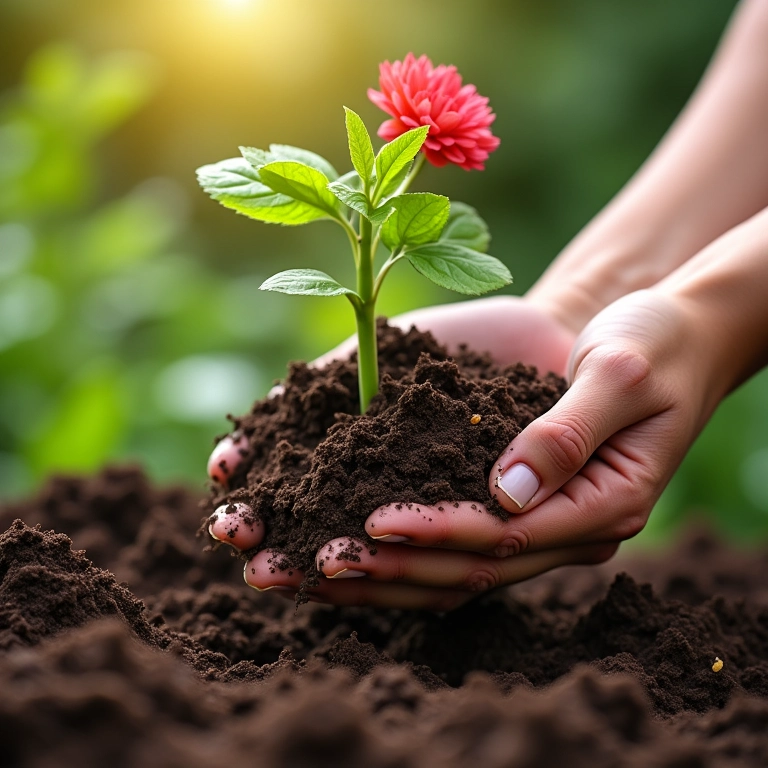 Preparando o solo com composto para plantar dálias.