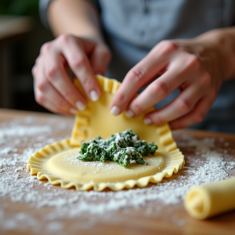 Preparando ravioli caseiro com recheio de ricota e espinafre em cozinha rústica.