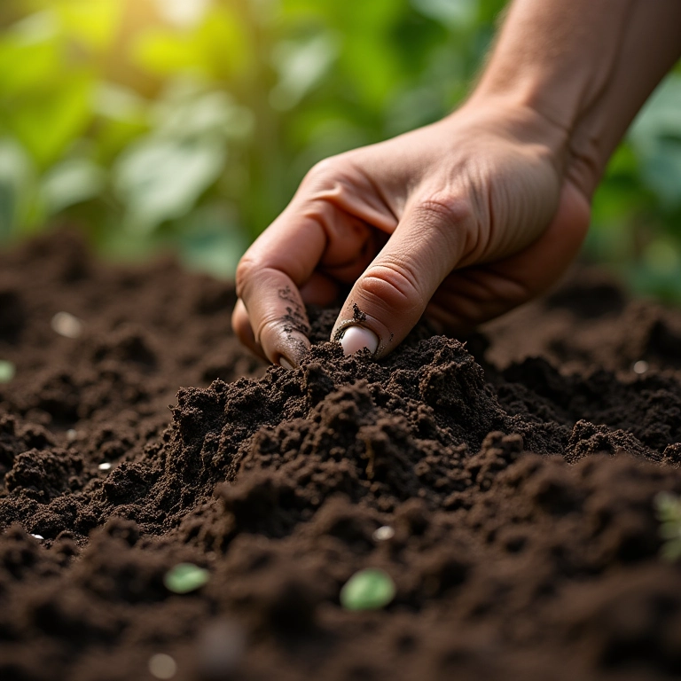 Preparando solo fértil para plantar quiabo.
