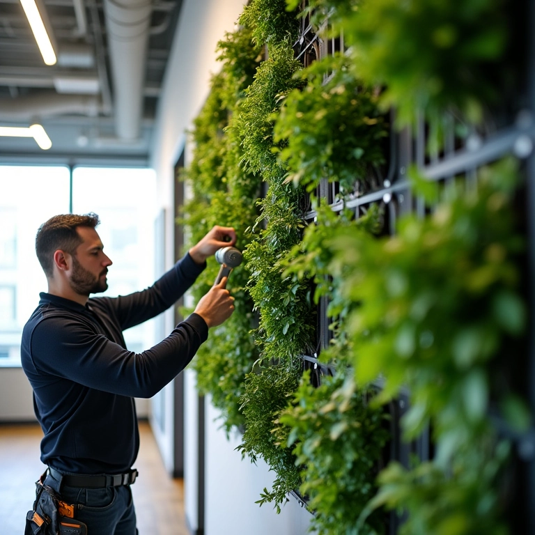 Preparo da estrutura e fixação do jardim vertical na parede.