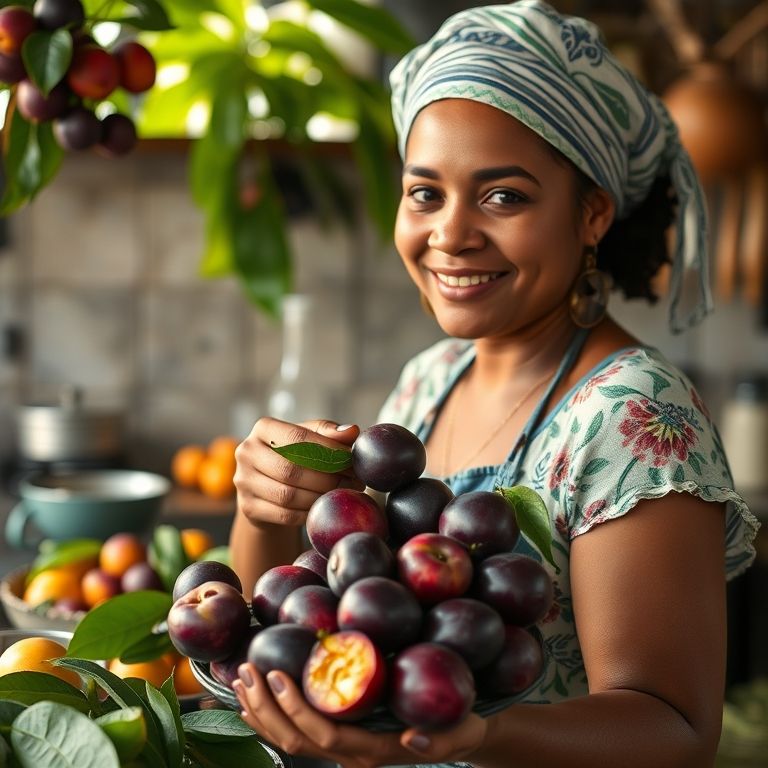 Preparo das ameixas para o doce de leite em cozinha colorida e vibrante.