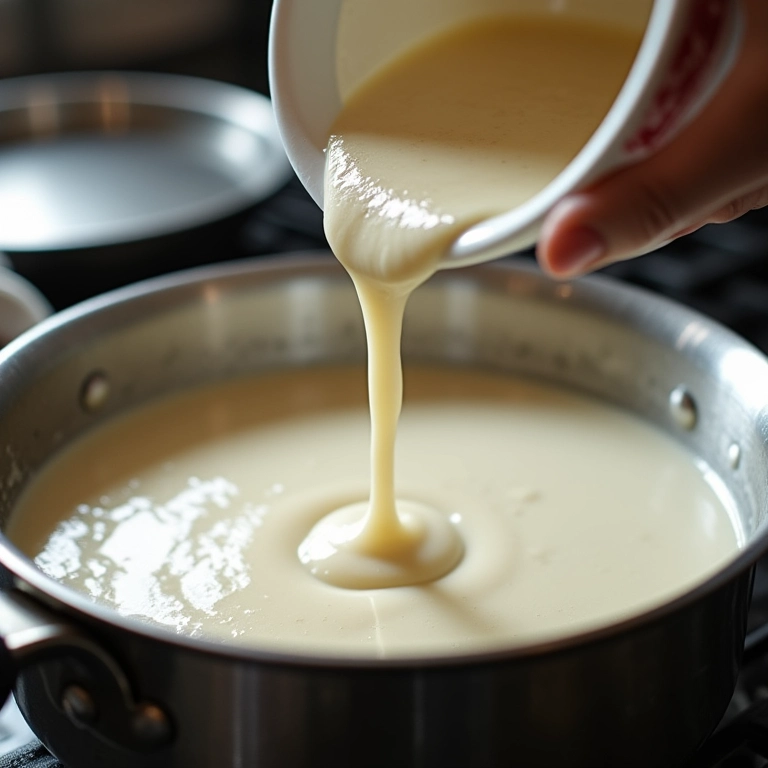 Preparo do molho branco: adicionando amido de milho ao leite quente.