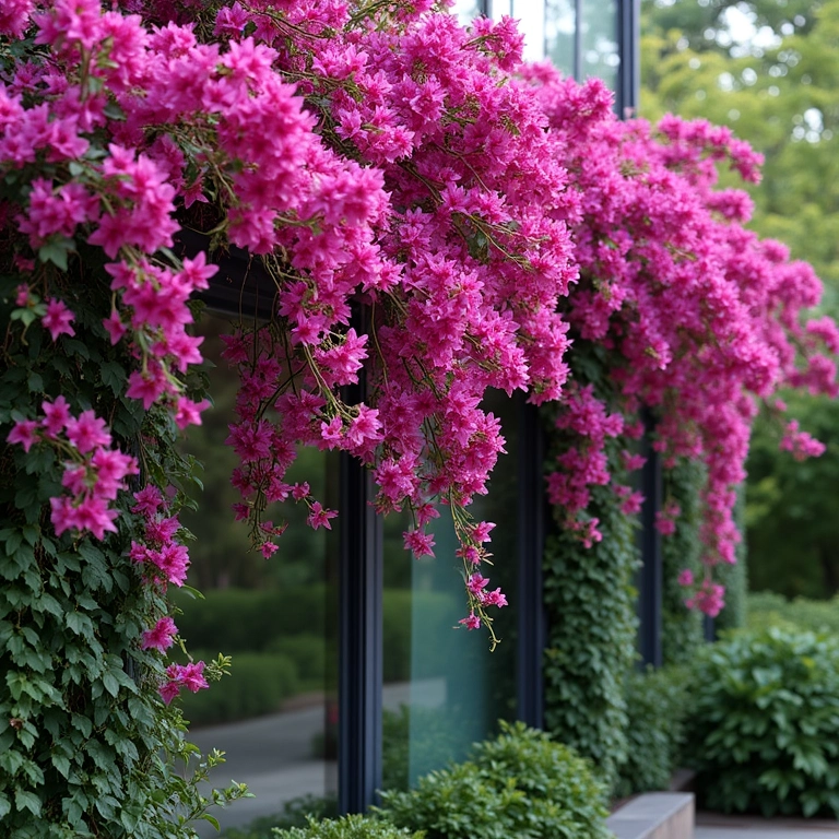 Primaveras (Bougainvillea) caindo em cascata em um jardim de inverno envidraçado.