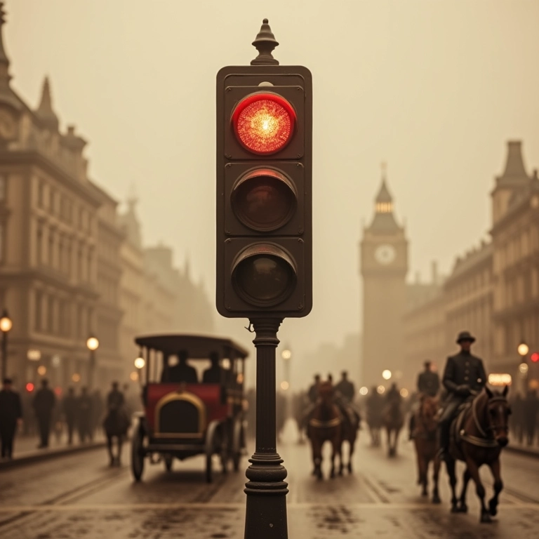 Primeiro semáforo a gás em Londres, década de 1860.