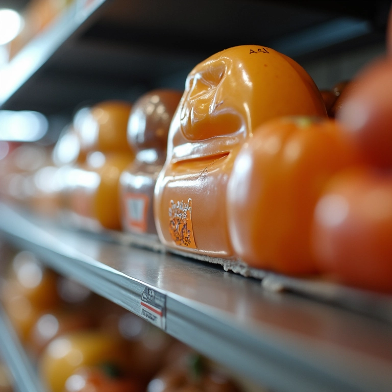 Produto novo na prateleira com etiqueta de preço brilhando.