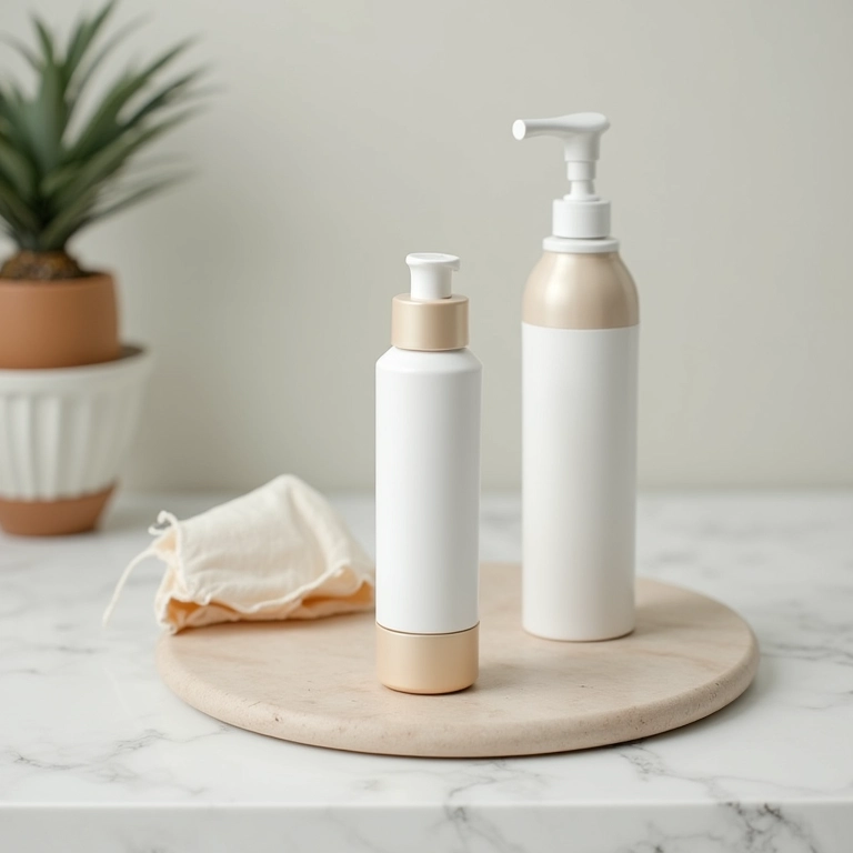 Produtos de skincare minimalistas em bancada de banheiro.