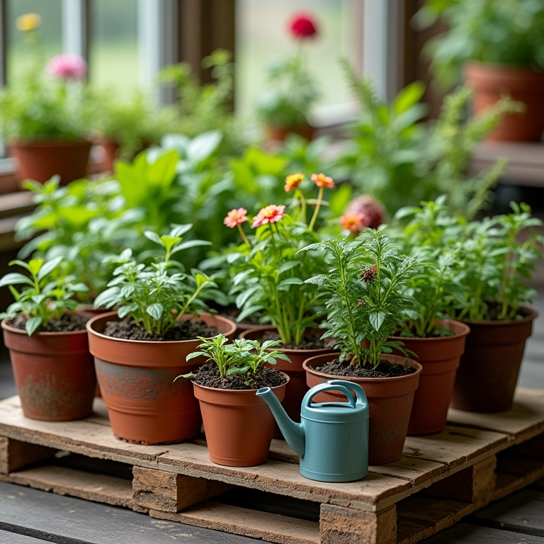 Produtos essenciais para jardim vertical de pallet, vasos, terra, fertilizante.