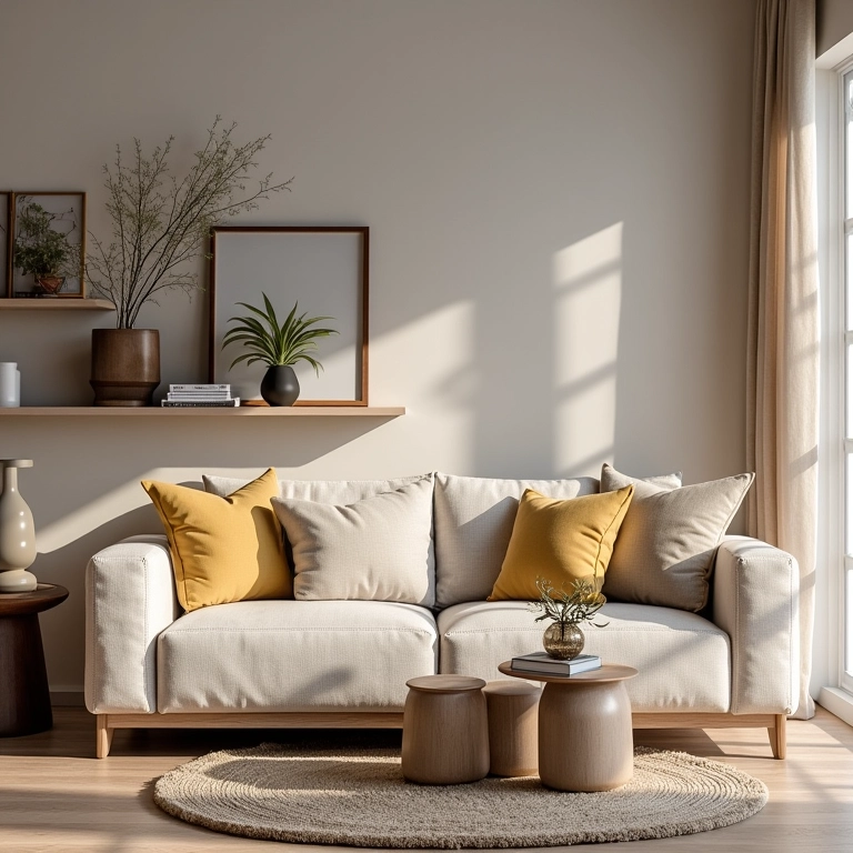 Produtos para decorar salas modernas: almofadas, luminárias, vasos e tapetes.