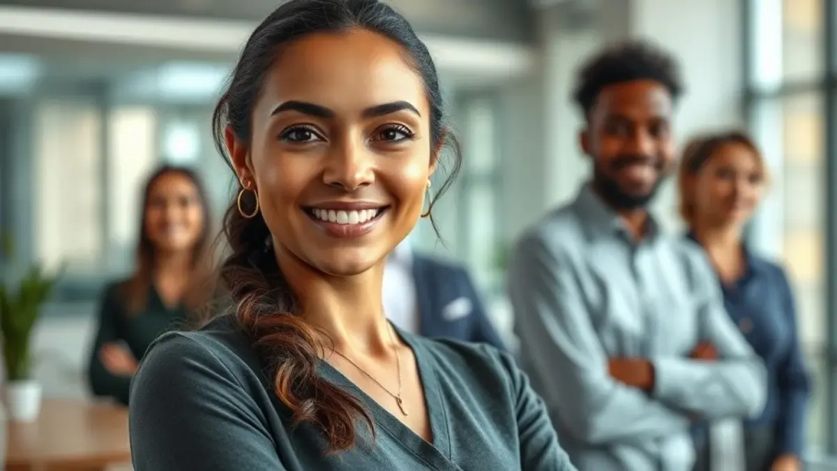 Como contratar uma agência de Site? Mulher escolhendo agência de site ideal em escritório moderno com equipe diversa.