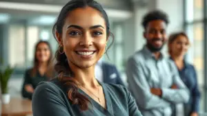 Mulher escolhendo agência de site ideal em escritório moderno com equipe diversa.