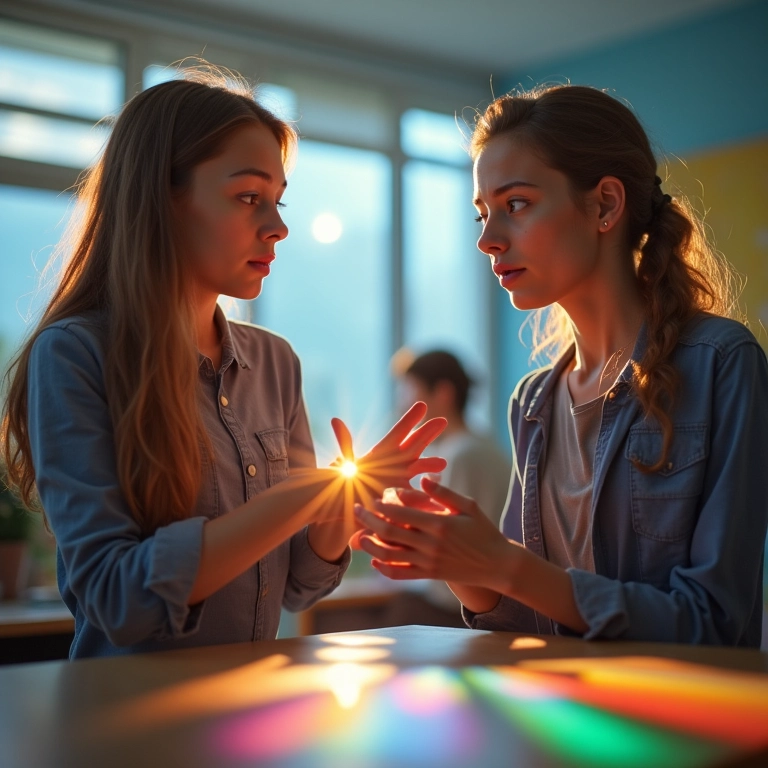 Professor explicando o arco-íris com um prisma em sala de aula.
