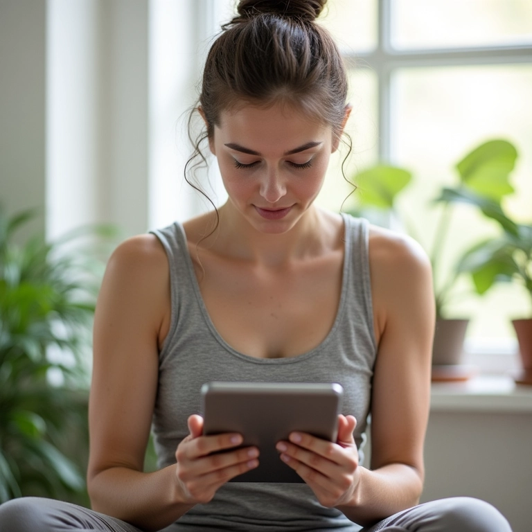 Professora de yoga analisando opções de crédito em um tablet.