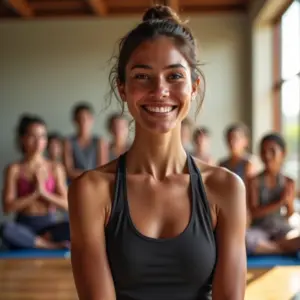 Professora de yoga sorrindo em estúdio ensolarado com alunos diversos ao fundo.