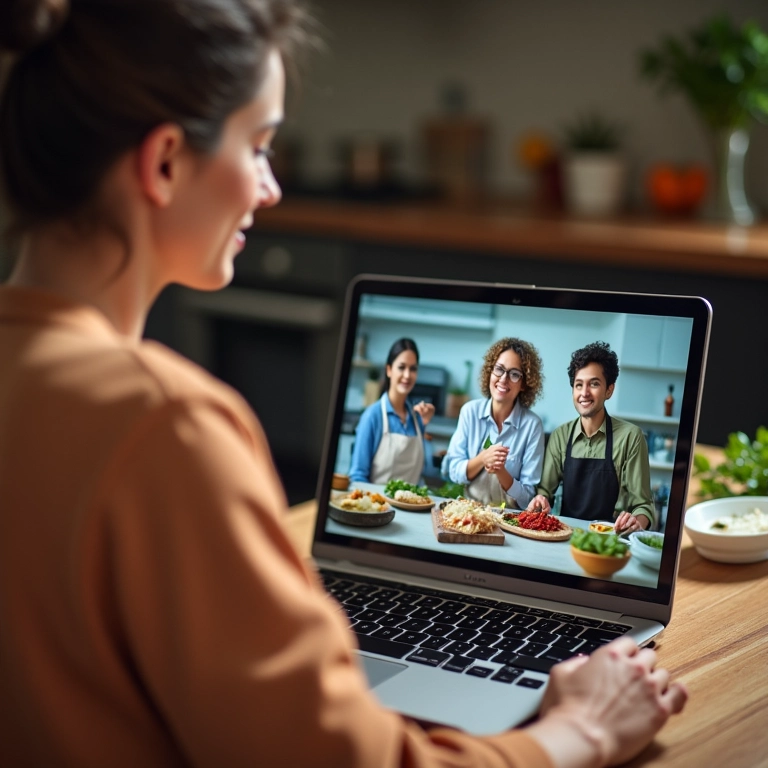 Professora ministrando aula de culinária online.