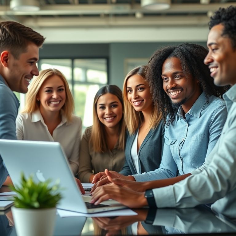 Profissionais brasileiros escolhendo eventos online em um escritório moderno.