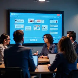 Profissionais colaborando em torno de um monitor mostrando avaliações positivas da marca.