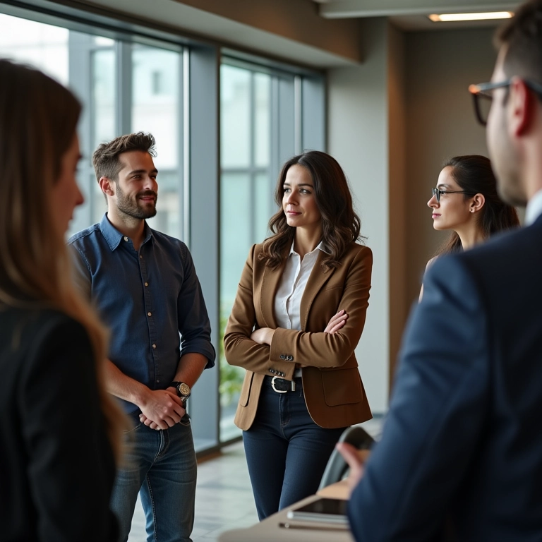 Profissionais diversos conversando em escritório moderno, foco na inclusão.