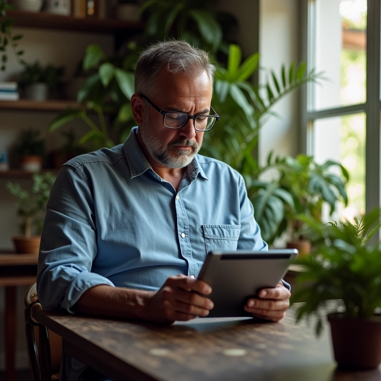 Profissional analisa se sua atividade se enquadra no MEI usando um tablet em um escritório.