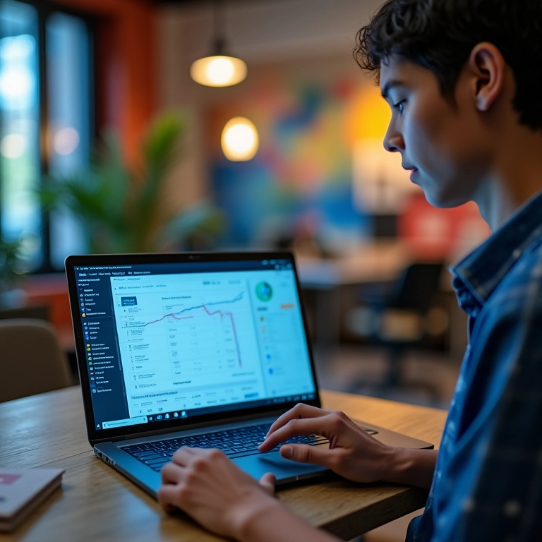 Profissional analisando tendências de nicho em laptop.