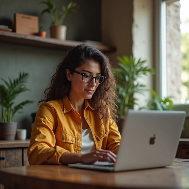 Profissional brasileira trabalhando em laptop em casa e gerenciando pequeno negócio.