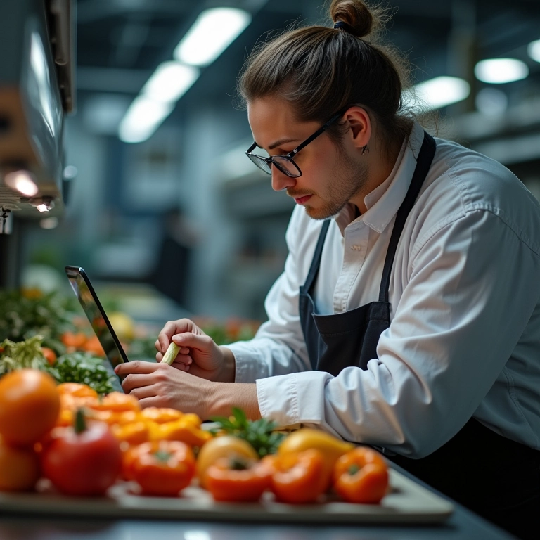 Profissional buscando informações sobre normas de segurança alimentar online.