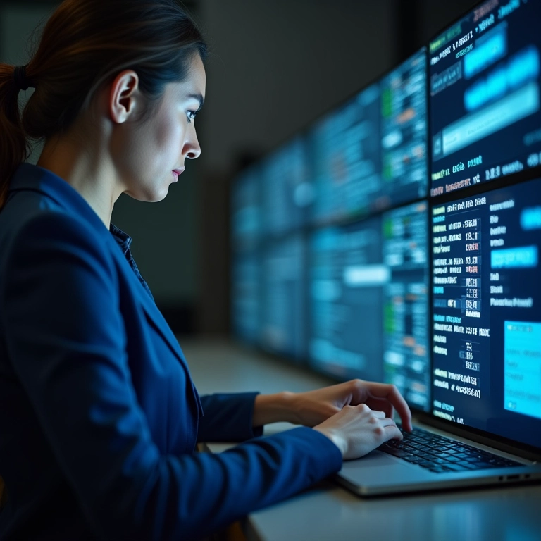 Profissional compartilhando dados com cuidado por meio de canais criptografados em um laptop.