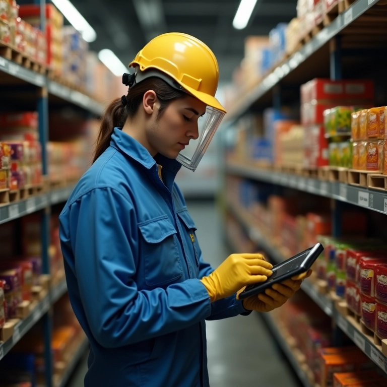 Profissional de controle de pragas inspecionando área de armazenamento de alimentos.