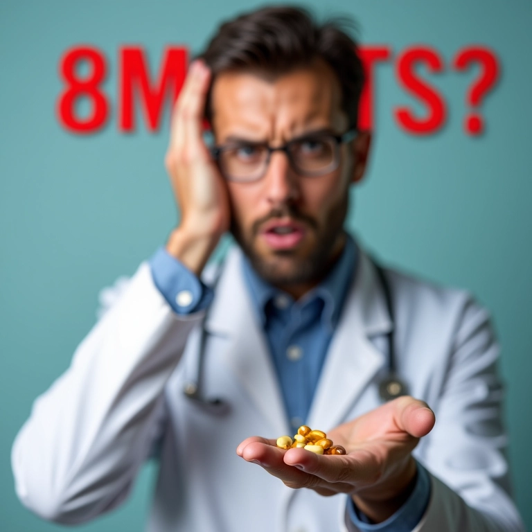 Profissional de saúde negando com a cabeça segurando pílula de suplemento oral.