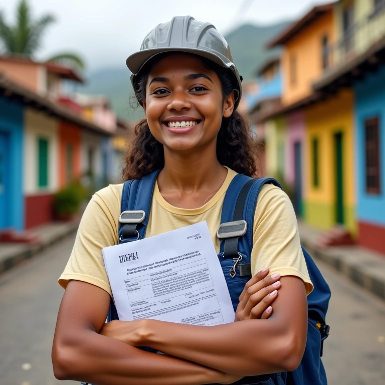 Profissional MEI 'faz tudo' sorrindo com seus documentos de registro e caixa de ferramentas.