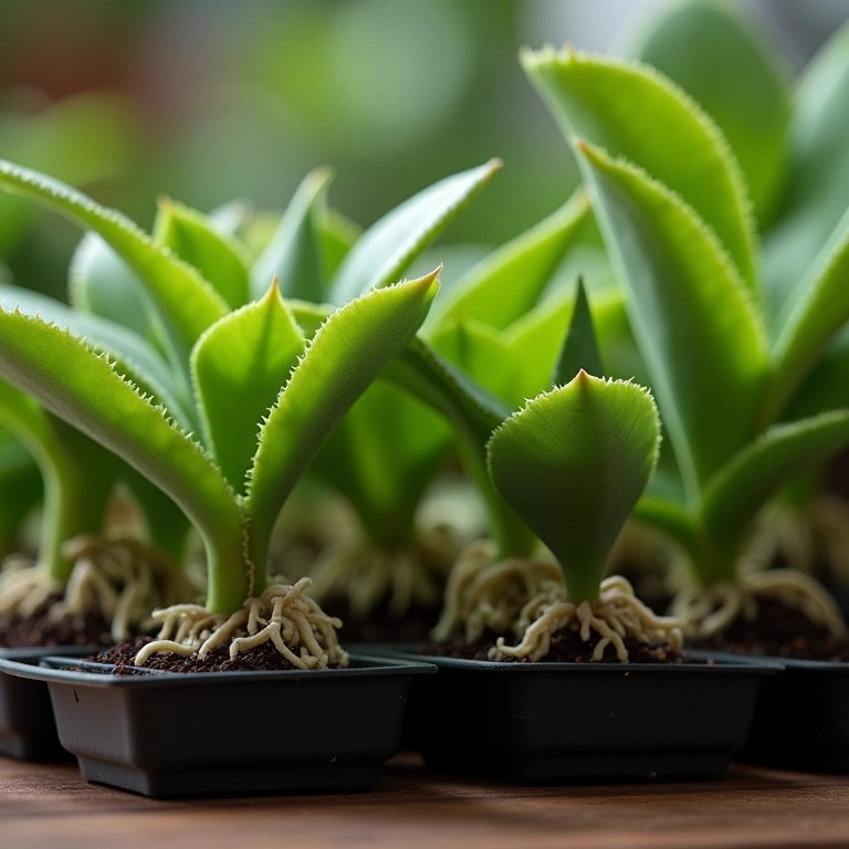 Propagação de folhas de Echeveria em uma bandeja, com raízes se formando.