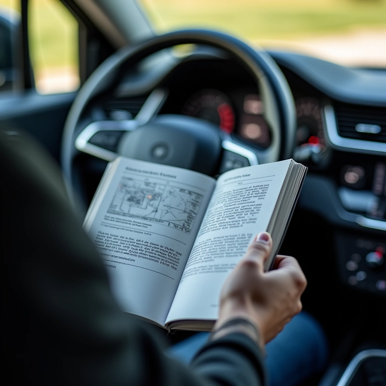 Proprietário consultando o manual do carro.