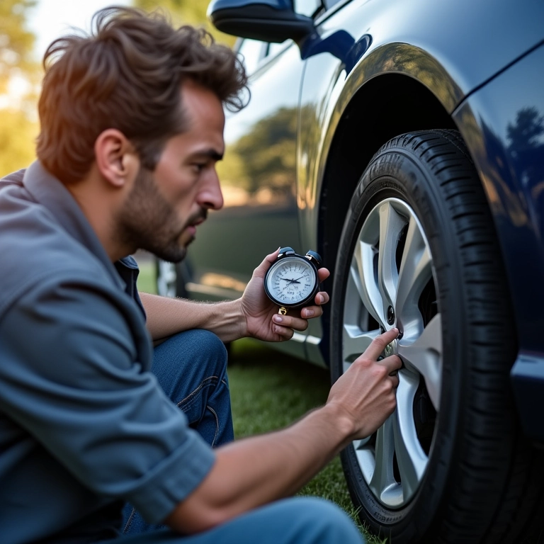 Proprietário de carro verificando o desgaste dos pneus, preocupado.