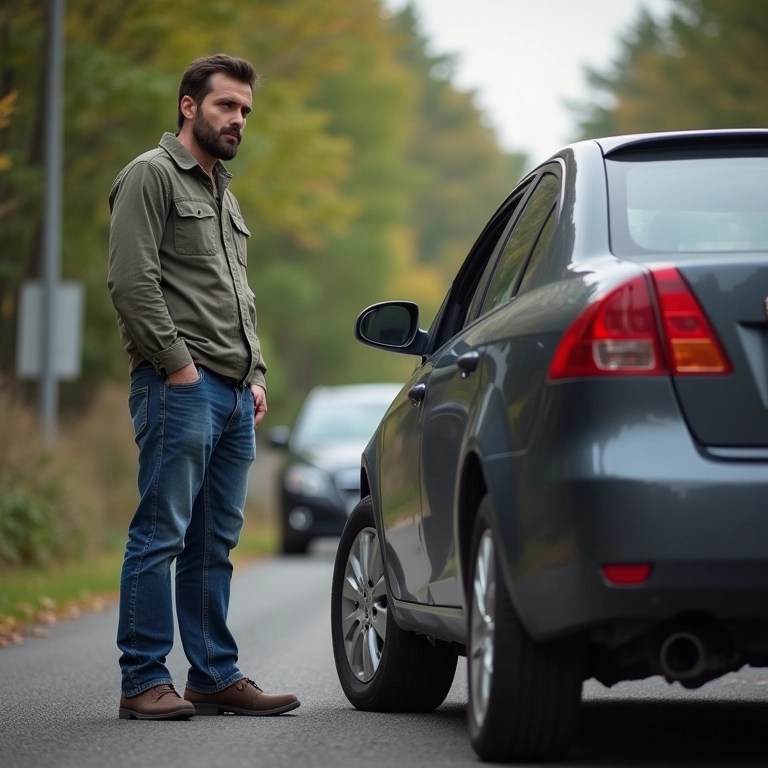 Proprietário preocupado ao lado de um carro com pneu furado na estrada por não fazer a primeira revisão.