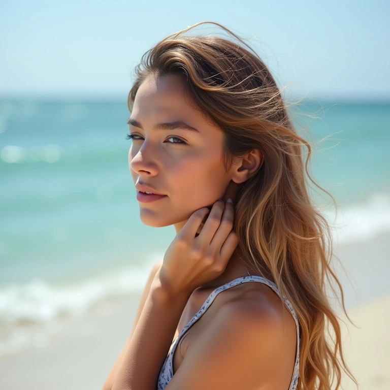 Protegendo os cabelos do sol e do sal na praia.