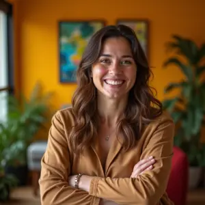 Psicóloga sorrindo em um consultório acolhedor, transmitindo confiança e profissionalismo.