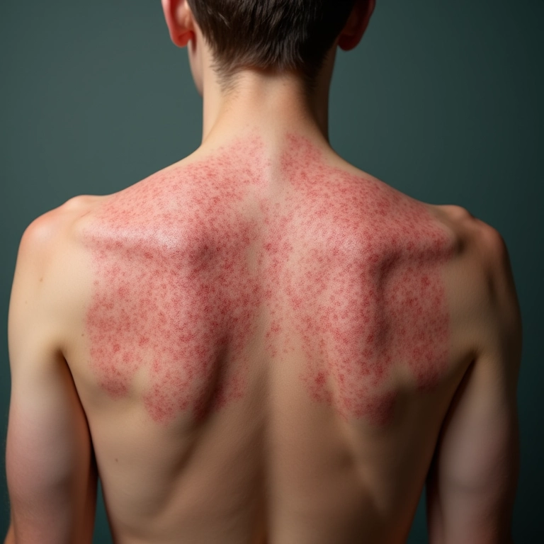 Psoríase eritrodérmica cobrindo as costas de uma pessoa, mostrando a vermelhidão.