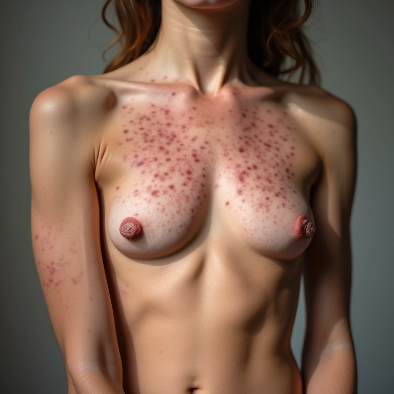 Psoríase gutata no torso de uma pessoa, com foco na textura da pele.